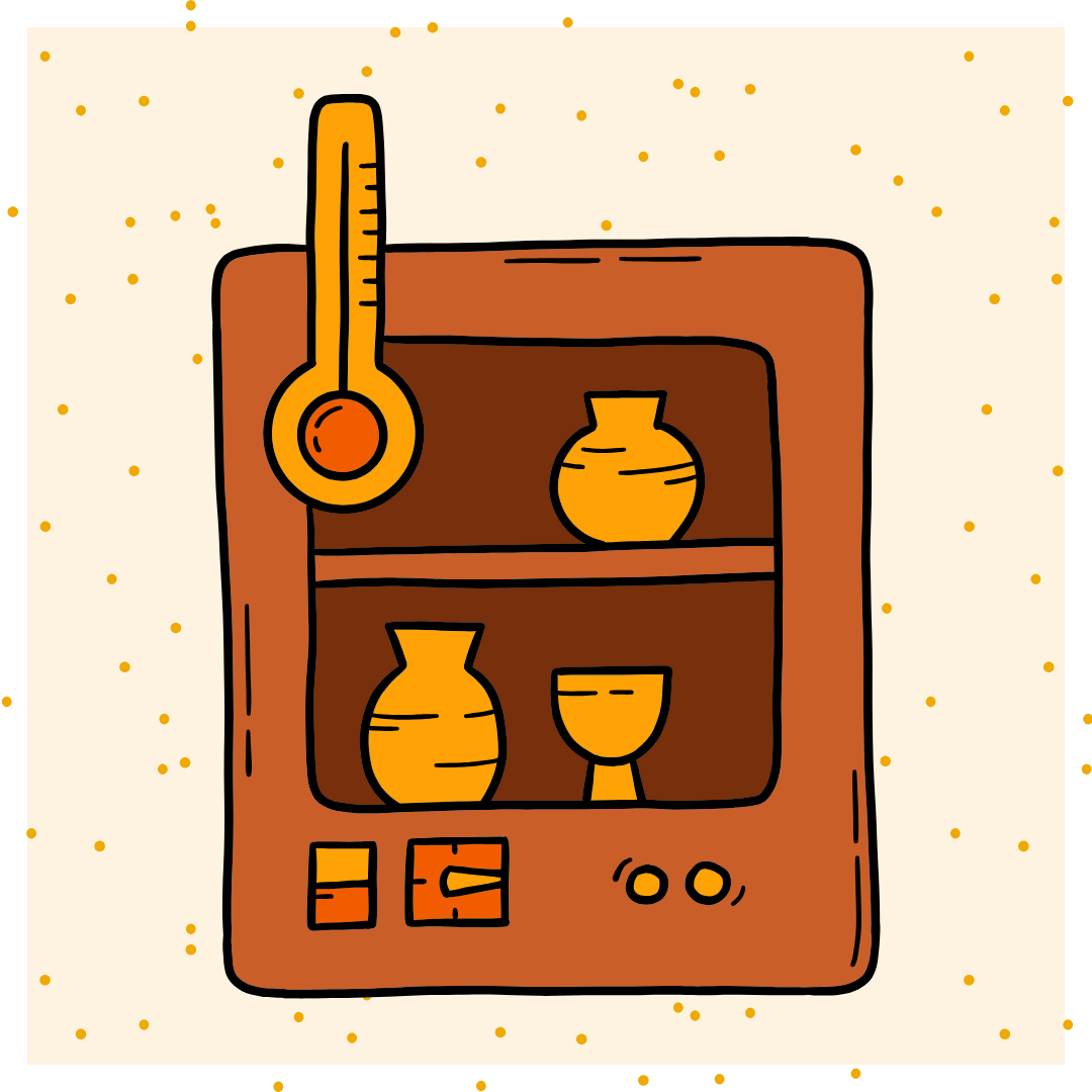 Illustration of a ceramic kiln with pottery inside, featuring a thermometer on the side.