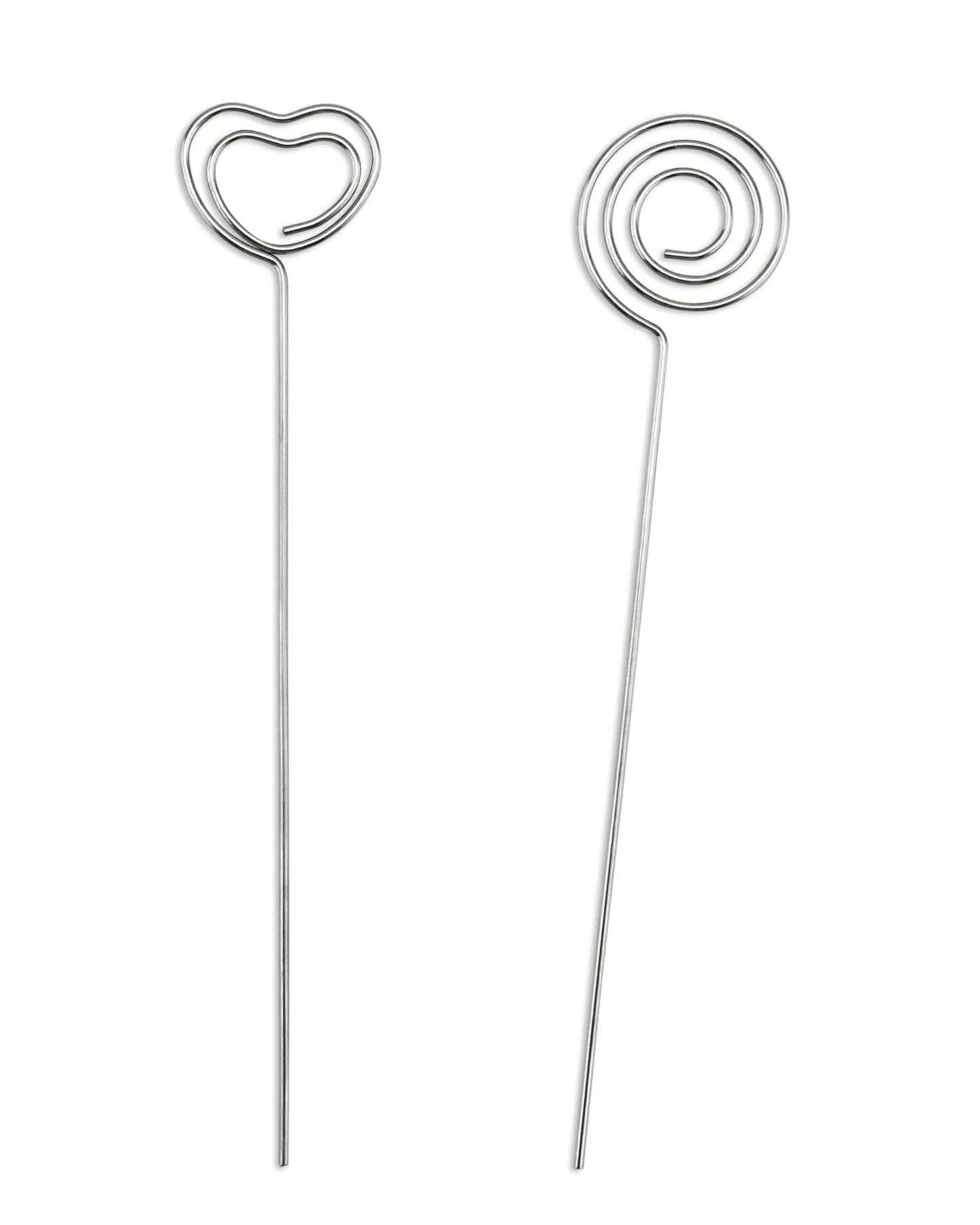 Metal wire photo holders – heart and spiral shape, 12 cm tall