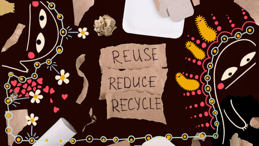 Illustration by Molli & Moai featuring abstract characters and recycled materials with the message 'Reuse, Reduce, Recycle' on torn cardboard pieces.
