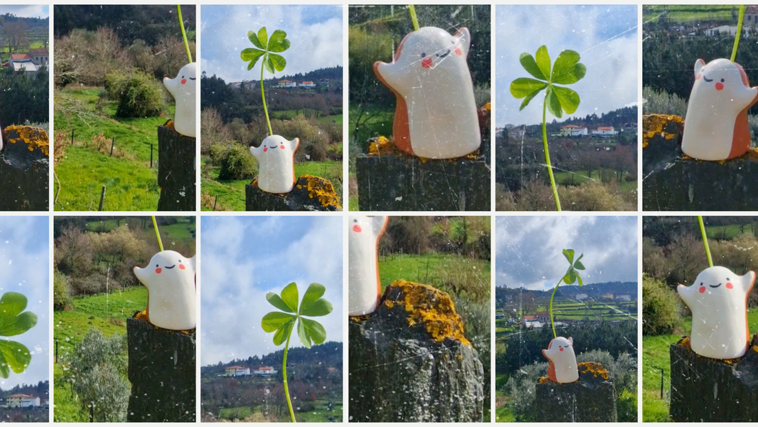 Foto collage of ceramic Buu character holding a four-leaf clover in a green rural landscape