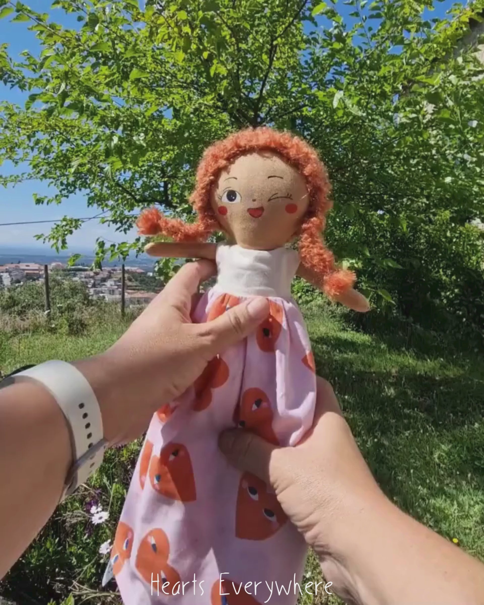 Video showing how the Hearts Everywhere reversible handmade doll flips inside out to reveal the second character