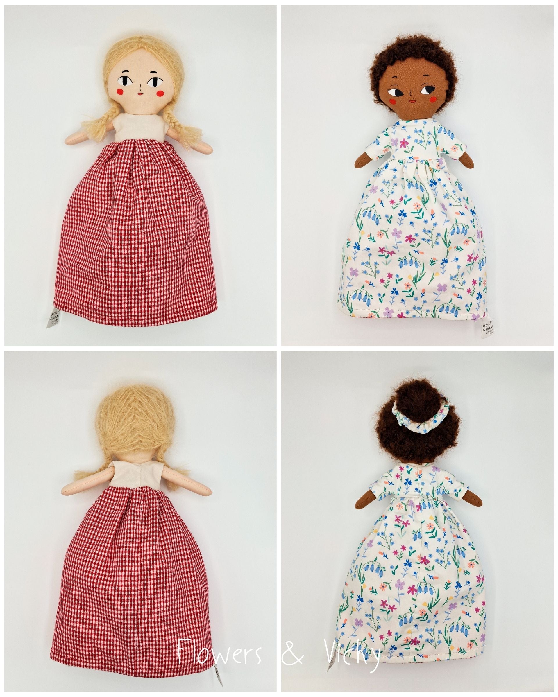 Front and back views of the Flowers & Vichy reversible handmade doll