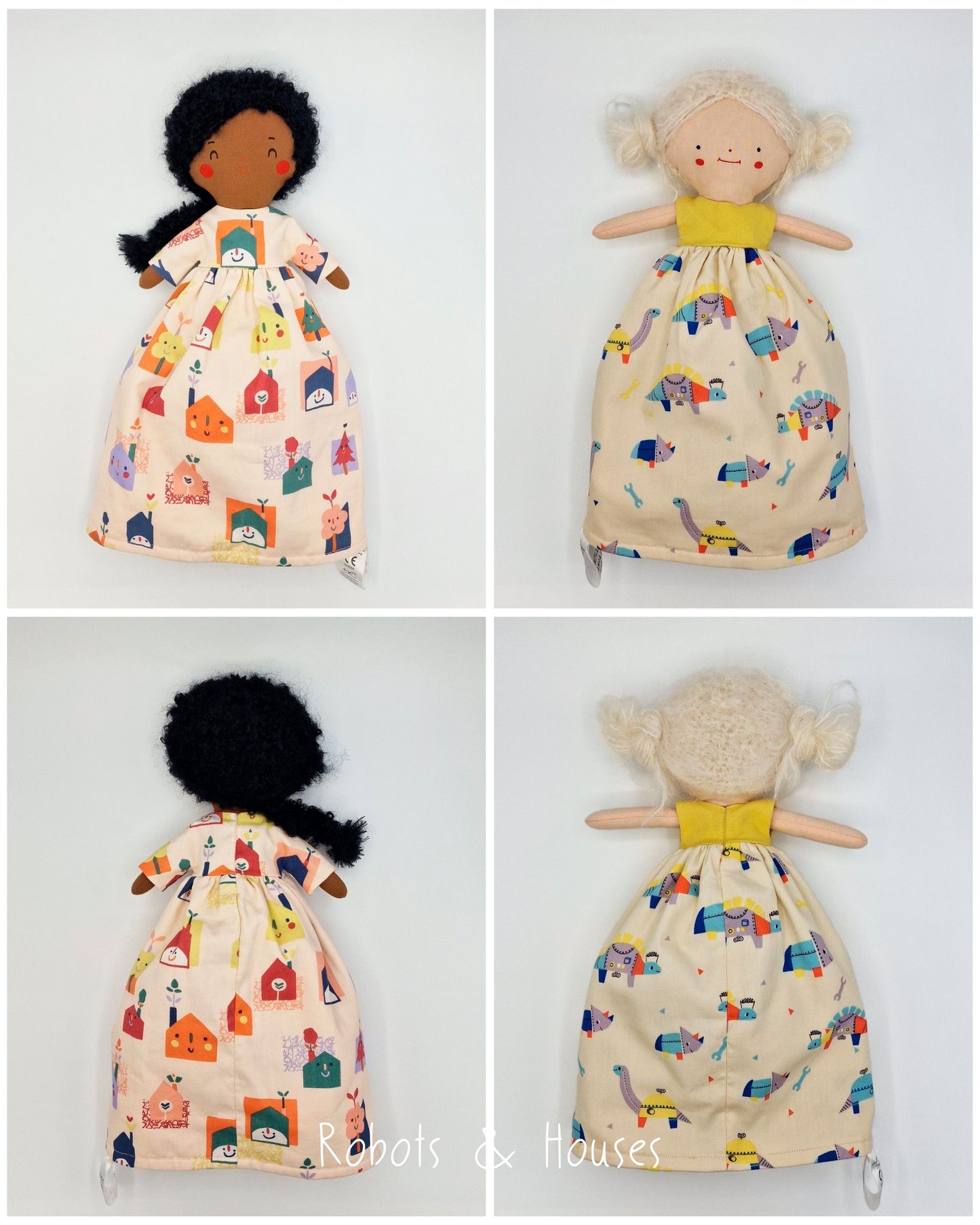 Front and back views of the Robots & Houses reversible handmade doll showing both characters and dress patterns